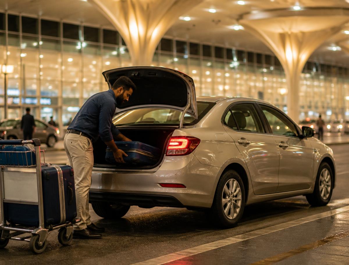 Taxi driver loading luggage at an airport terminal for an Albany airport transfer